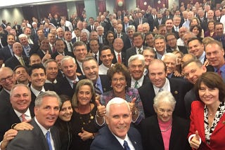 A selfie taken by Mike Pence with Republican members of Congress in 2016. Nearly every person in the picture is white.