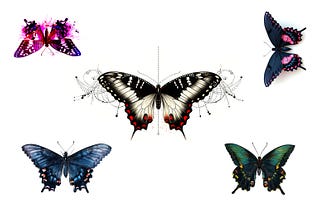 Midjourney AI renders of a butterfly with varying style prompts.