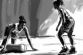 A female basketball player is foam rolling as she chats to her teammate ahead of their team practice