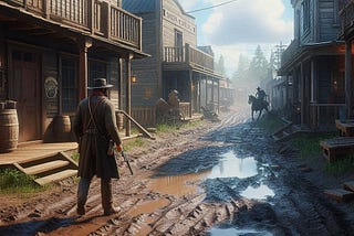 muddy cowboy village with an outlaw holding a gun