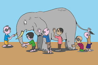 Illustration of six blind men touching an elephant