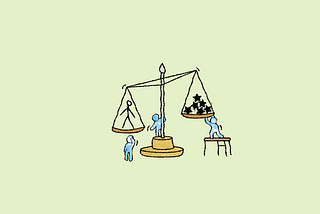 A balance scale with a person on one side and a pile of stars on the other with figures around it making adjustments.