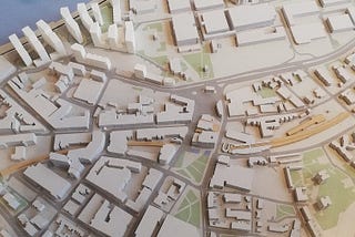 Close up of an architect’s model of London, centred on Woolwich