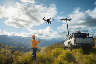 A woman in a high-visibility orange jacket and hard hat operates a drone controller as an industrial drone lifts off near a powerline in a remote, mountainous region. A white utility vehicle is parked nearby in long tussock grass, with dramatic alpine peaks and a bright blue sky forming the scenic backdrop.