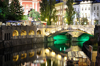 Reflections in the night, Ljubljana, Slovenia