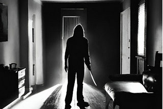 A hooded man stands menacingly with a knife in dark apartment.