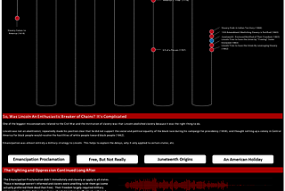 An affective data visualization titled “Juneteenth: An Inflection Point in the
 Struggle for Freedom.” It shows the timeline to freedom for black people in America.