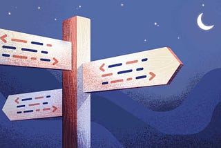 An illustration of a signpost with three directions. Each signpost represents code design with a series of dashes and brackets. The background is a dark-blue night sky with a moon and stars.