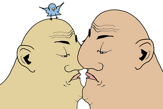 A cartoon of two faces, but they are the same face. They’re both grumpy. They’re both bald with big ears, dark eyebrows, a big nose and a sour expression. Their mood has nothing to with their noses, eyebrows, or baldness. One of them has a blue bird landing on his head. No one, not even the bird knows why. Art by Doodleslice 2024.