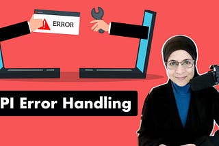 The author, Rakia Ben Sassi, with a red backgrounf and 2 laptops facing each others and 2 hands coming out from them. One hand holds a card with text error, the other hand holds a tool to fix the error.