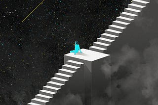 The image depicts a person sitting on a platform at the top of a seemingly endless staircase. The staircase is white and extends upwards into a dark, starry sky. A shooting star streaks across the sky, and the person appears to be gazing at it. The overall mood of the image is one of contemplation and wonder.