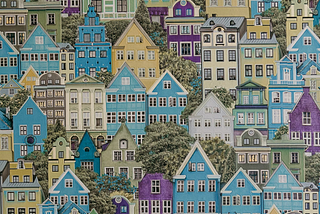 A pattern with many colourful houses