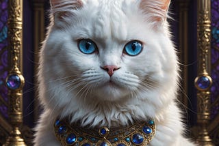 Prelijepa bijela Perzijska maca sa krasnim plavim očima, nakit u perzijskom stilu, ambijent u perzijskom stilu