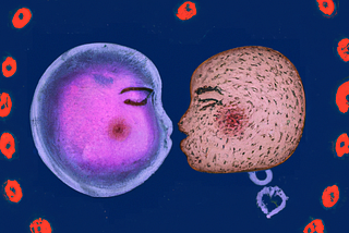 Image generated via DALL·E with the caption “A cell with a human face and a mitochondria with a human face kissing with red hearts around them digital art.”