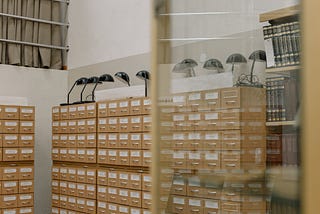 Room of card catalog drawers.