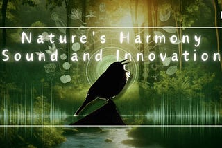 Title image for the article “Sound and Mindfulness: Biomimicry for Personal Growth” on our website www.sd-zen-zone.in. The image features a tranquil forest setting with a bird perched in the foreground, symbolizing the connection between nature’s sounds and innovation. The text “Nature’s Harmony: Sound and Innovation” is prominently displayed, highlighting the theme of biomimicry and mindfulness for personal growth.