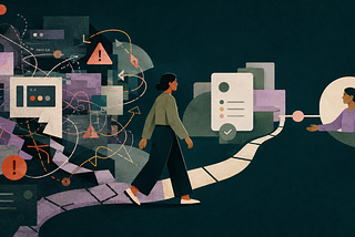 Editorial cut-paper illustration of a person walking from tangled interface panels and warning symbols toward a clear path, simplified screen, and person offering help.