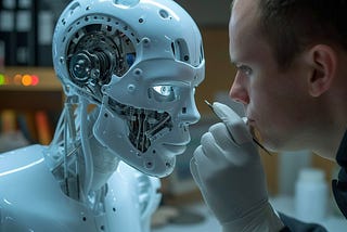 A man closely examines the intricate mechanisms of a humanoid robot’s open head structure.