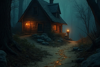 A lit trail to a house in the woods