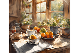 Miscellaneous fruits sitting on a kitchen table in a warm sunlit room.