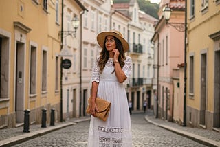 A woman in a white flowy dress and straw hat standing on a cobblestone street in a European city, showcasing a chic Europe outfit for summer travel.