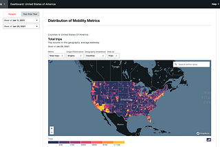 Screenshot of a dashboard featuring a heat map of the U.S., with different colors representing different trip volumes.