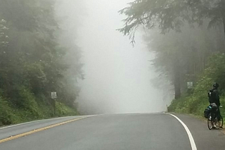 The crest of a hill on a state state highway in a heavily wooded area. I bicyclist can be seen stopped on the right-hand side of the road.