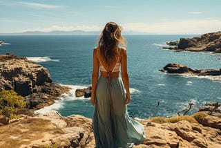 Young woman facing a rocky beach