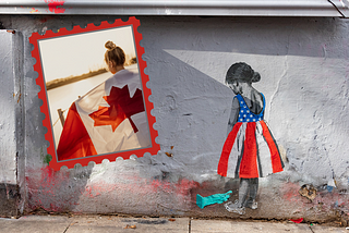 Little American girl, wearing an American flag dress, head bowed down at a dropped Statue of Liberty, and a photo on a cement wall of a little Canadian girl wrapped in a Canadian flag, facing into a warm sun.