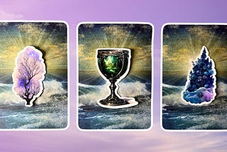 Three tarot and oracle pick a card piles: pile 1 — tree, pile 2 — goblet, and pile 3 — flowers