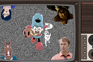 A TV with static. In the static is a selection of characters.