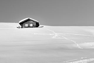 An image of a lonely cabin in the snow.