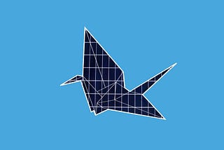 An origami crane made out of solar panels on a blue background.