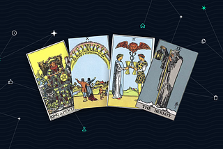 Four tarot cards (the king of pentacles, the ten of cups, the two of cups and the hermit) are fanned out over a dark blue background. Behind the cards is a constellation of stars and UX design icons (a user, a thumbs up, an info button, a home icon, a duplicate icon and a trash icon).