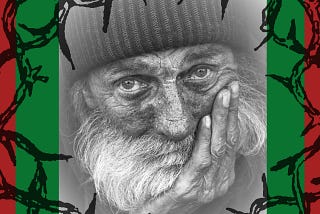 A black and white photo of an elderly man with sad eyes and a white beard encased in a red and green frame and a thorn-like crown