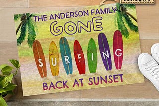 BEAUTIFUL Personalized surfing back at sunset customized doormat