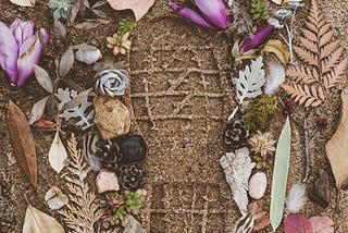 One boot print in the dirt surrounded by leaves and flowers with colors of tan, purple and white, dull yellow, gray, and olive green and an orange and black butterfly at the top left.