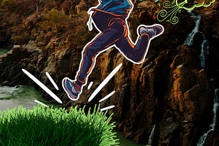 A person mid-leap across a canyon, surrounded by playful doodles like smiling clouds, sparkles, and motion lines, landing on a patch of green grass. The image conveys boldness and experimentation, signifying the importance of taking bold steps and immediate unplanned action.