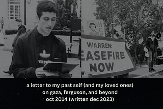 Image Description: On the left, a photo from 2014 of me leading a Holocaust Remembrance Day event, wearing a Never Forget t-shirt, with my Jewish fraternity at Northeastern U in Boston. On the right, a photo from 2023 of me speaking at a rally in Boston at Senator Warren’s house calling for a ceasefire.