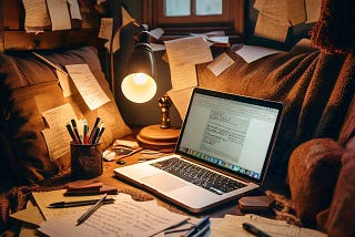A warm, cozy writing nook with scattered papers, pens, and a laptop.