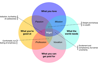 The IKIGAI diagram split into what you’re good at, what you love, what the world needs and what you can get paid for