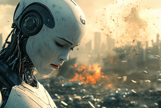 A sad android looks away from a ruined cityscape.