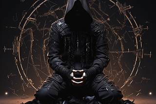 A hooded figure in a meditative position, bowing his head, with a giant golden dreamcatcher-like object in the background, in a dark room.