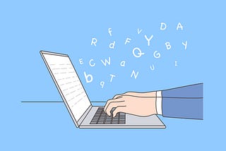 Illustration of a pair of hands typing on a laptop keywords with letters flying off the screen
