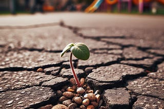 A tiny sprout pops up in a crack in the tarmac