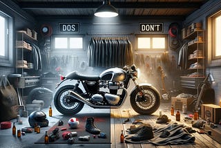 A clean and organised garage with a modern retro motorcycle alongside high-quality gear and a ‘DOs’ sign. Contrasted sharply with a darker cluttered and disorganised garage, with a poorly maintained motorcycle, scattered gear, and a ‘DON’Ts’ sign in dimmer lighting.