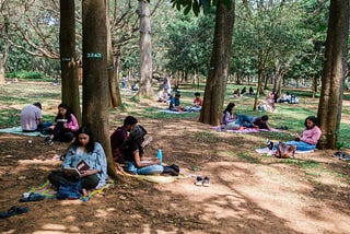 Dozens of people reading to themselves, gathered together under trees in a park