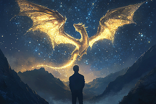 A man looks at the sky at an iridescent gold dragon.