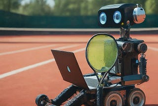 Robot coding on a tennis field while holding a Racket