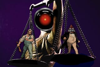 Blind justice holding a set of scales aloft. Her head has been replaced with the hostile red eye of HAL 9000 from Stanley Kubrick’s ‘2001: A Space Odyssey.’ On the scales stand a worker and a millionaire, in belligerent postures. The millionaire’s head has been replaced with the enshittification poop emoji, with angry eyes and a black, grawlix-scrawled bar over its mouth. Image: Cryteria (modified) https://commons.wikimedia.org/wiki/File:HAL9000.svg CC BY 3.0 https://creativecommons.org/licen